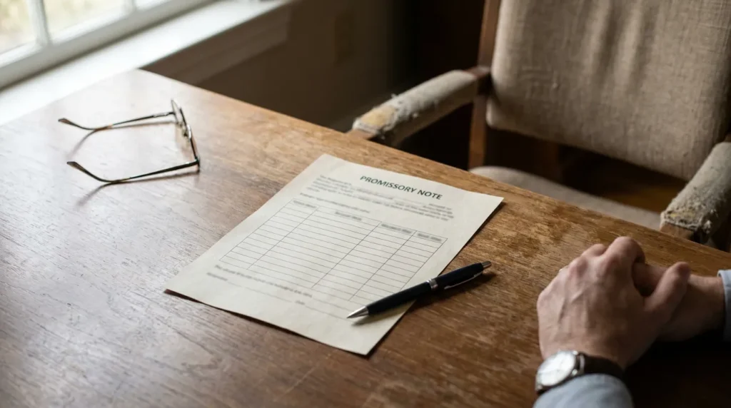 promissory note document on wooden desk with pen and eyeglasses nearby